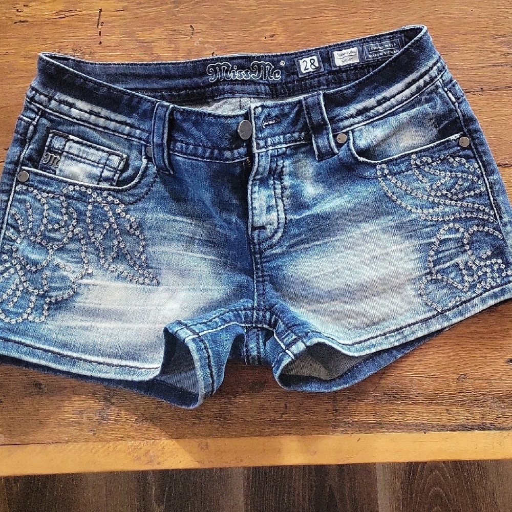 Miss Me Blue Jean Shorts with Distressed Wash